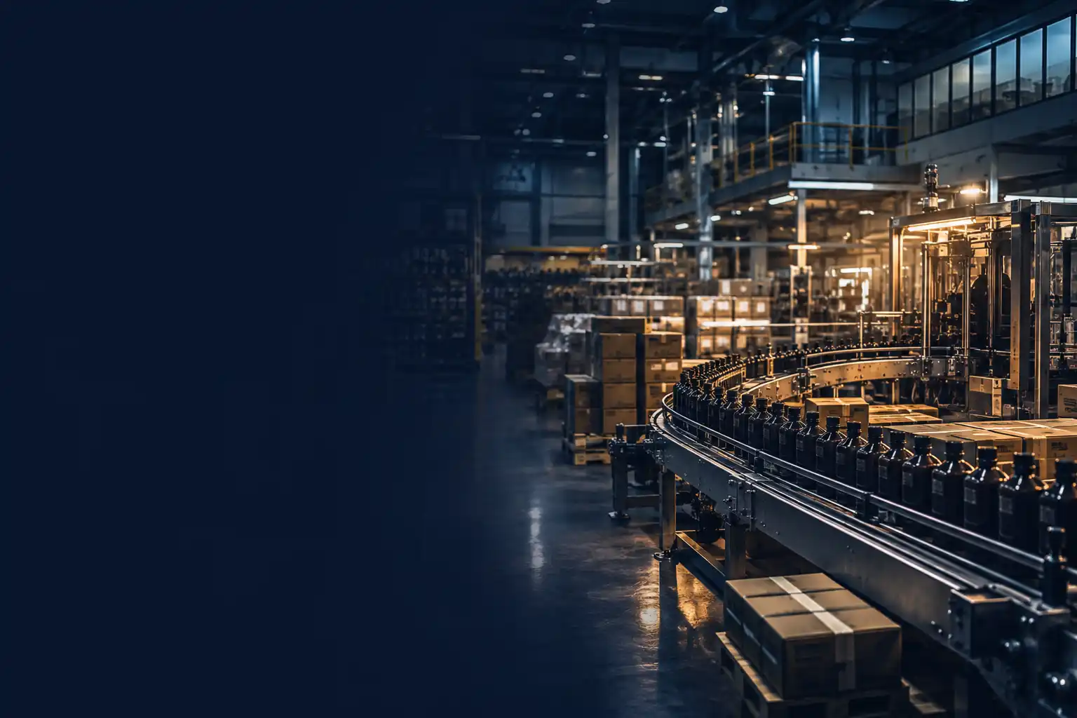 Línea moderna de producción con productos terminados, empaque y mercancía en pallets lista para distribución comercial