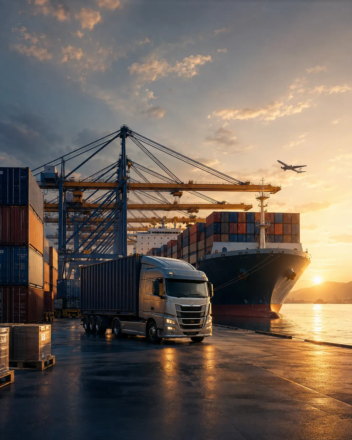 Port terminal with cranes and containers for export