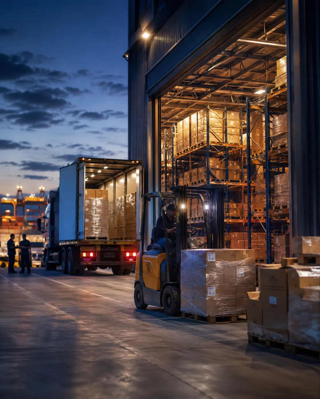 Distribution center with forklift, merchandise and freight truck